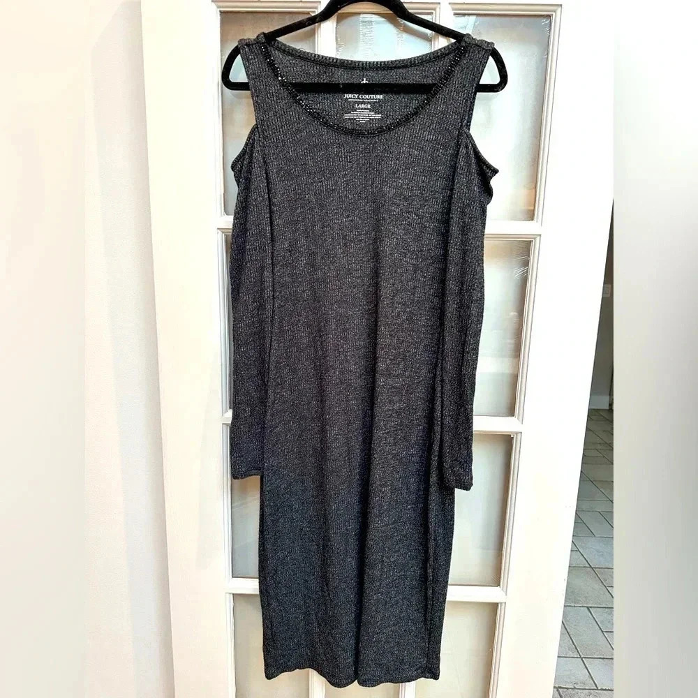 Juicy Couture Charcoal Grey Shoulder Long Sleeve Sweater Midi Dress Size Large L